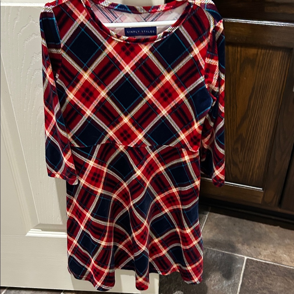 Velvet, red and blue plaid dress for girls